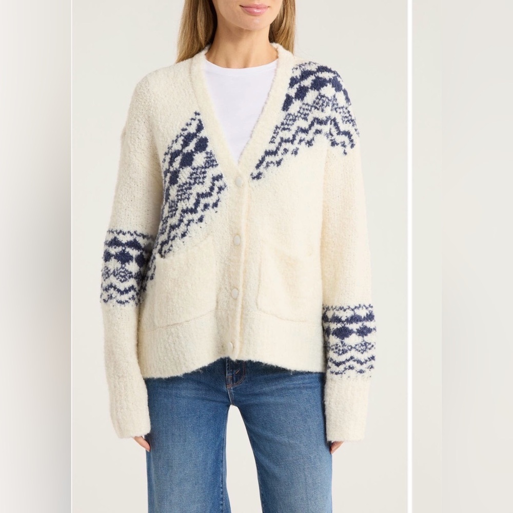 NWT Derek Lam 10 Crosby Womens Bette Fair Isle Cardigan XL White Navy Modern Lux - Picture 3 of 12